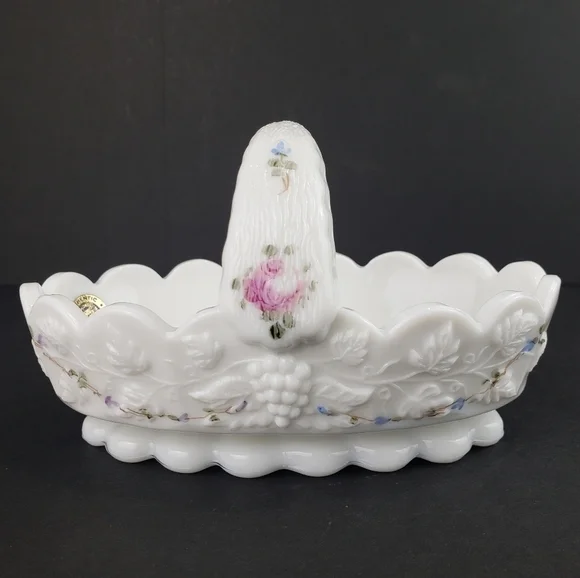 Westmoreland Milk Glass Basket Roses and Blue Vine Grapes Candy Dish Vintage - Picture 4 of 16